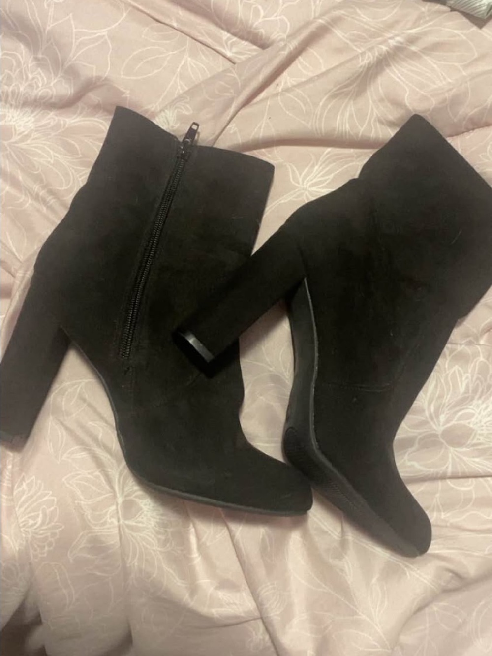 SHEIN Black Suede High Block Heel Ankle Booties